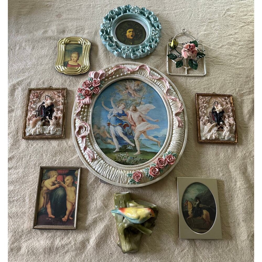 Vintage lot 9 gallery accent wall art pictures set ornate pink framed portraits